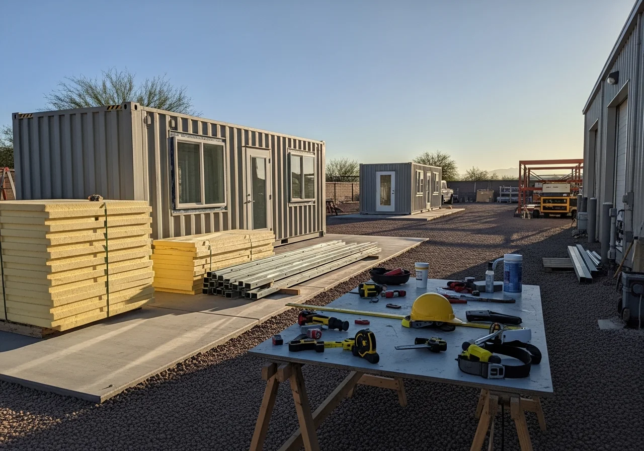 Modern portable living unit constructed from shipping container or foam, featuring contemporary fixtures and finishes.