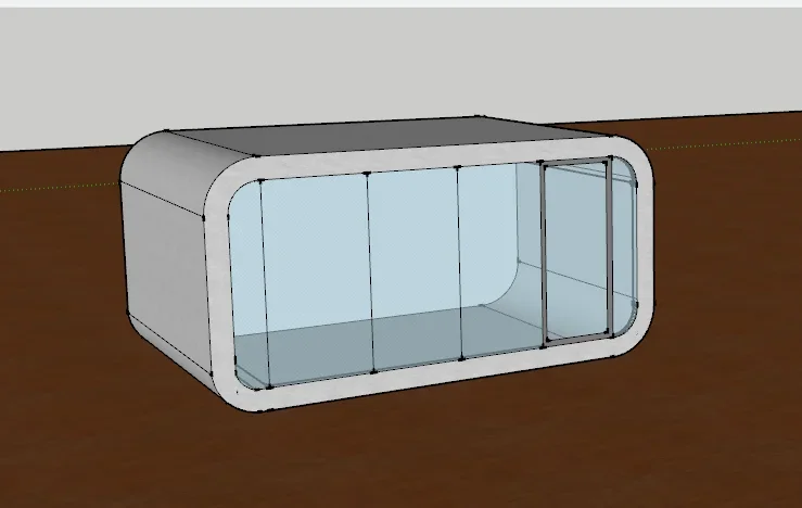 Curved ADU with white exterior, glass front panels, and metal frame structure