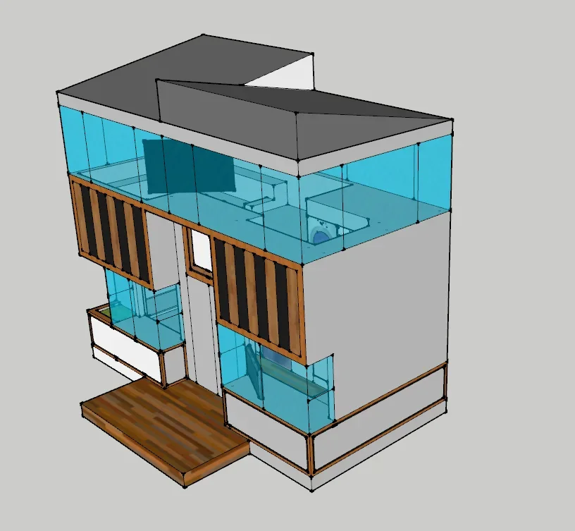 Two-story tiny house with angular roof, turquoise glass panels, wood siding, and wooden deck entry