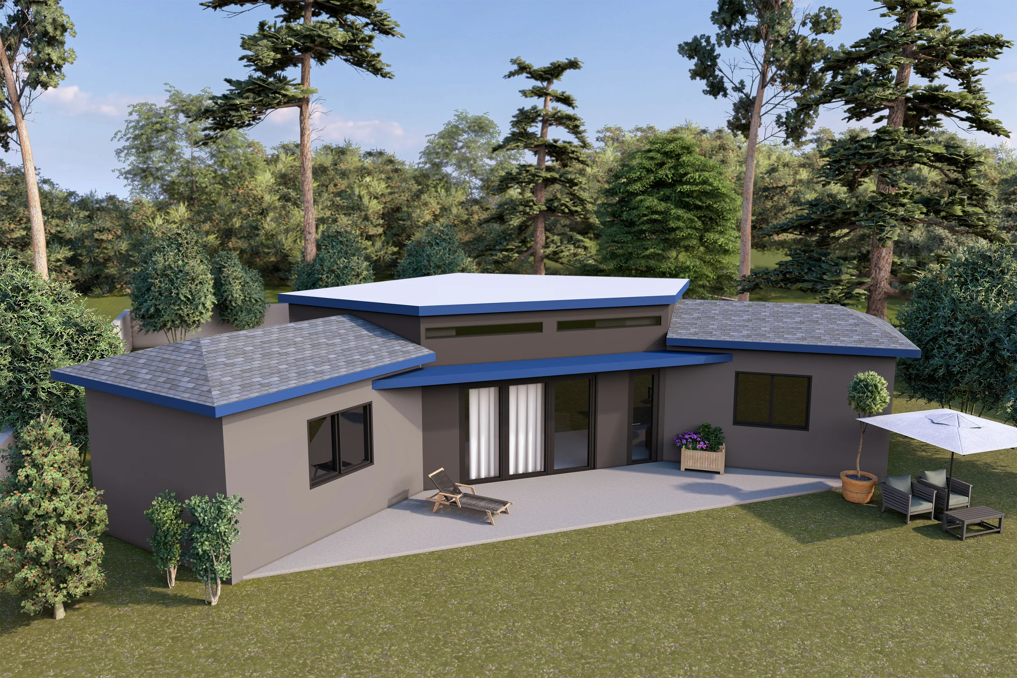 Modern home with blue metal roof, gray stucco walls, and concrete patio surrounded by landscaping
