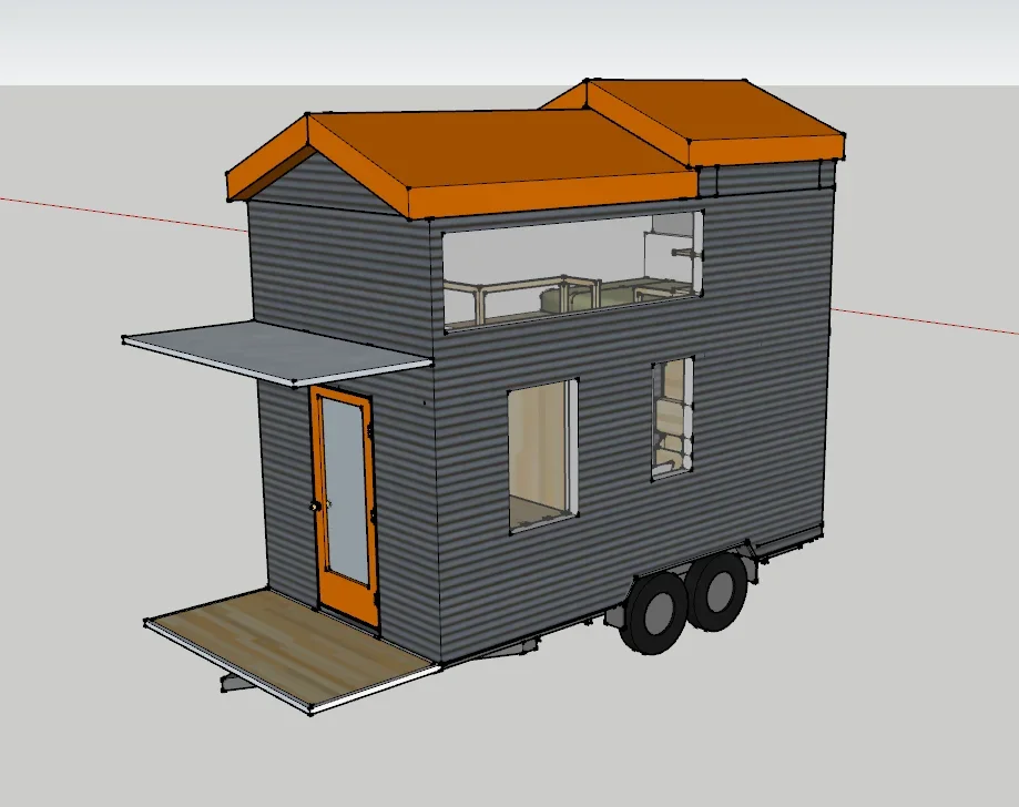 Tiny home with gray metal siding, orange roof and door, windows, and trailer wheels