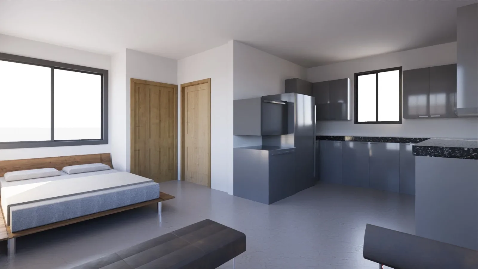 Modern bedroom and kitchen with polished concrete floors, wood doors, black cabinets, and stone countertops