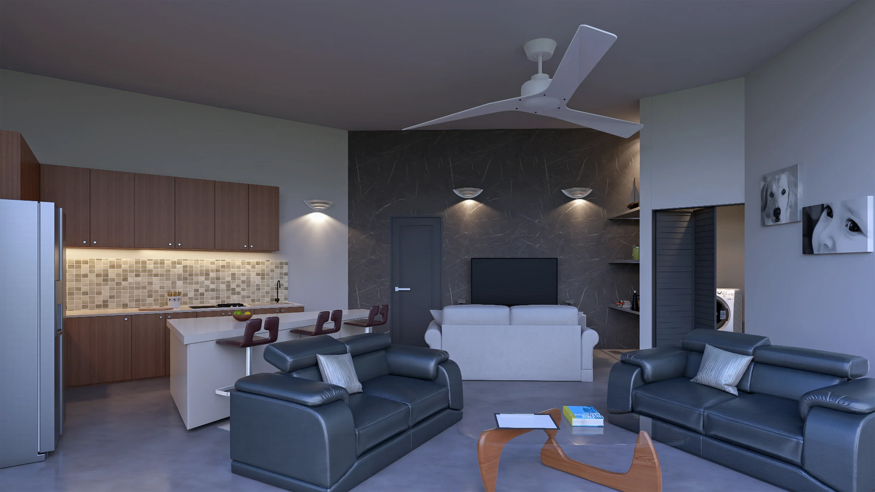 Open-concept interior with dark marble walls, wood cabinetry, leather seating, and ceiling fan