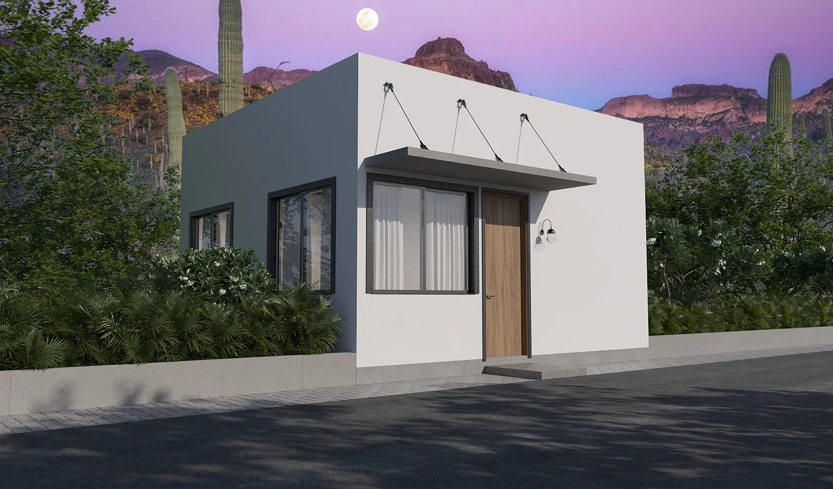 Modern white stucco home with black-framed windows, wood door, and cable-supported shade structure