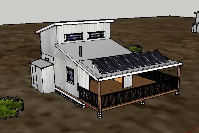 Tiny home with white metal siding, solar panel canopy, and elevated deck with metal railings
