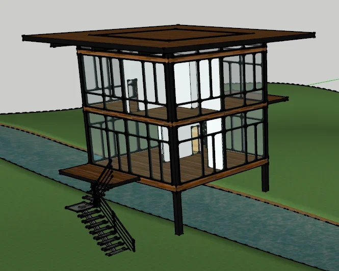 Two-story glass and steel structure with wood decking, black frame, and metal stairs on pilings