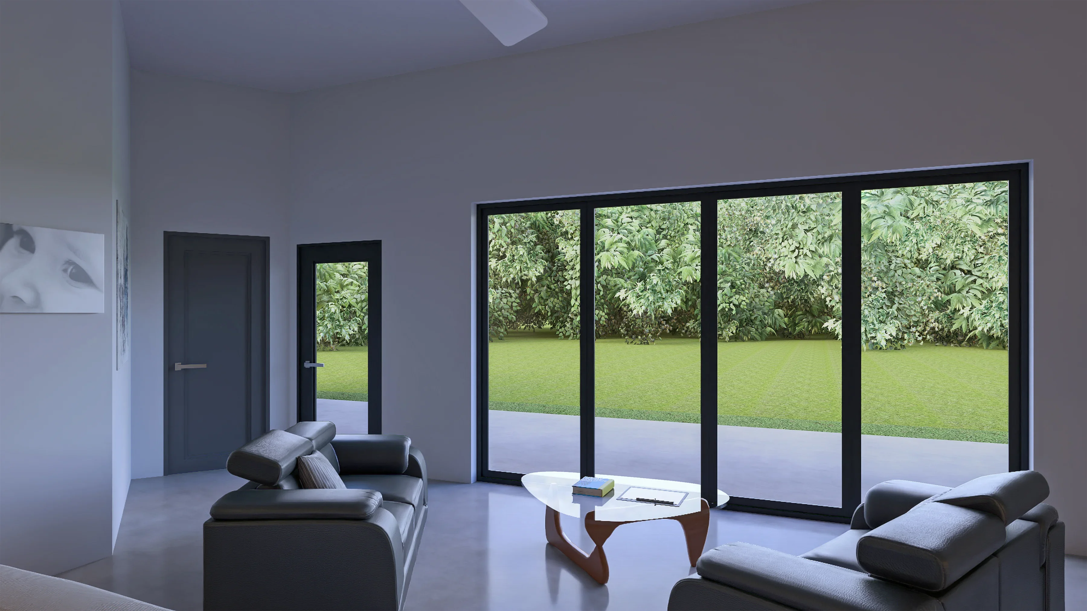 Black-framed sliding glass doors and entry doors in modern living room with concrete floors