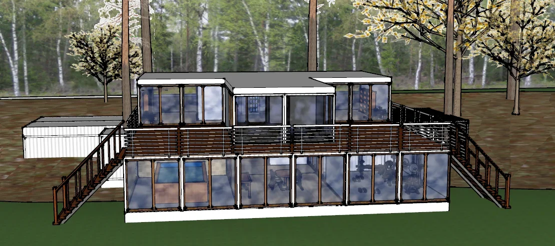 Container home with glass front windows, metal railings, and composite deck overlooking forest