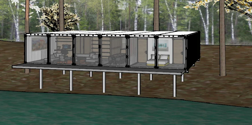 Elevated container home with metal siding and glass panels on concrete pier foundation