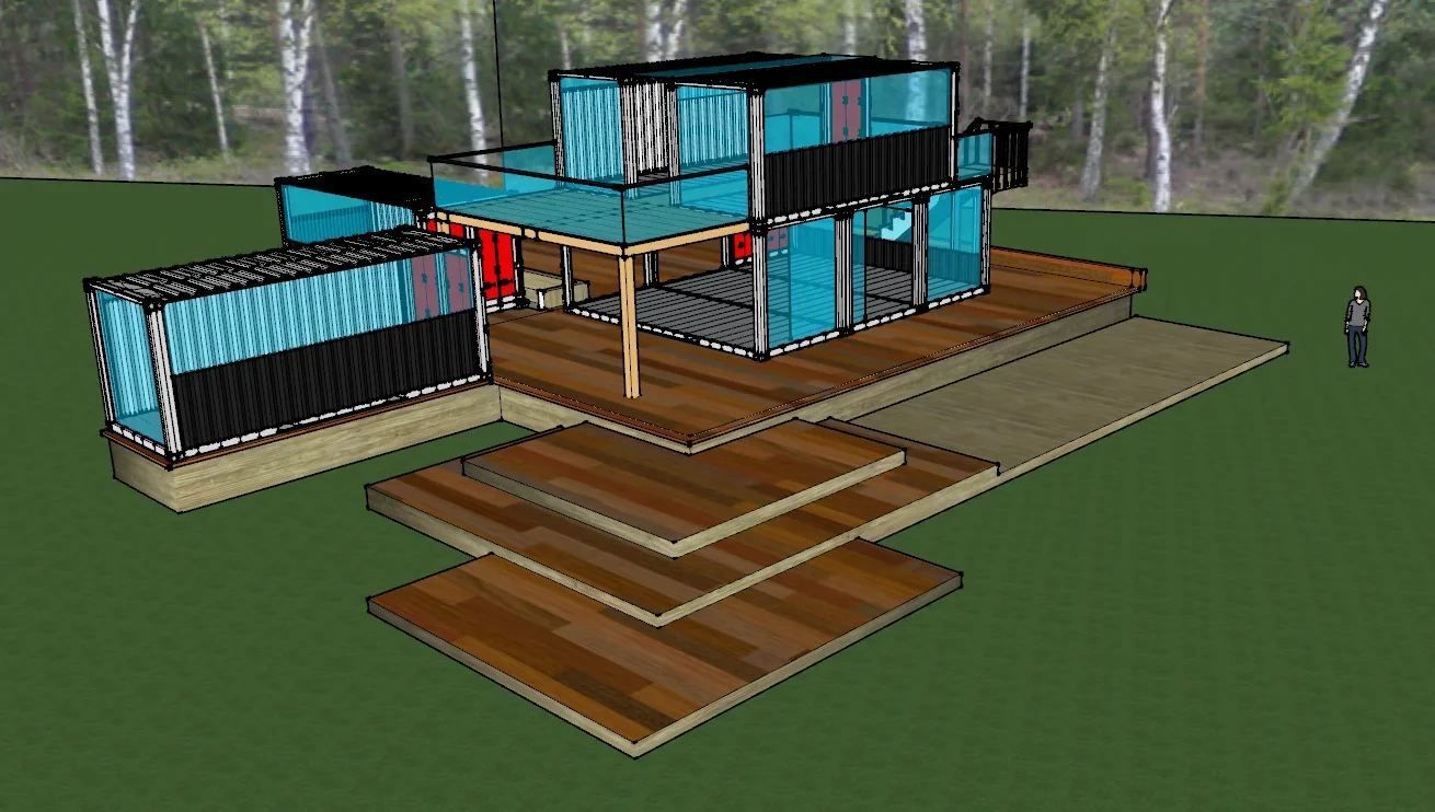 Two-story shipping container home with turquoise corrugated metal siding, composite decking, and metal railings