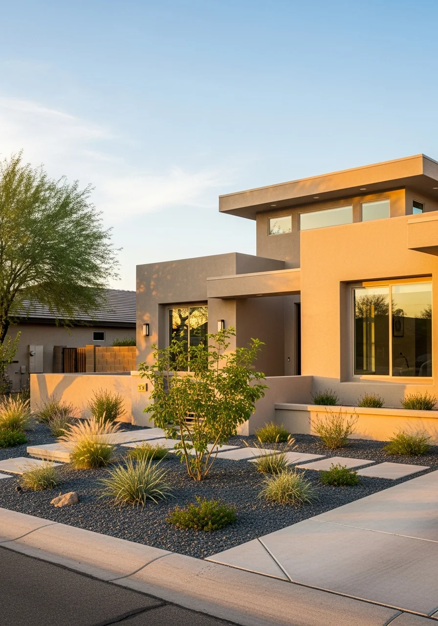 Modern Chandler home exterior showing contemporary design and HOA-compliant landscaping.