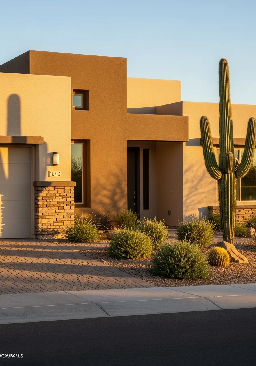 Detail shot of a Glendale home's front entrance and driveway with desert landscaping.