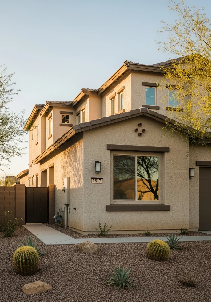 Close-up of a Phoenix home's exterior showing desert landscaping and modern construction details.
