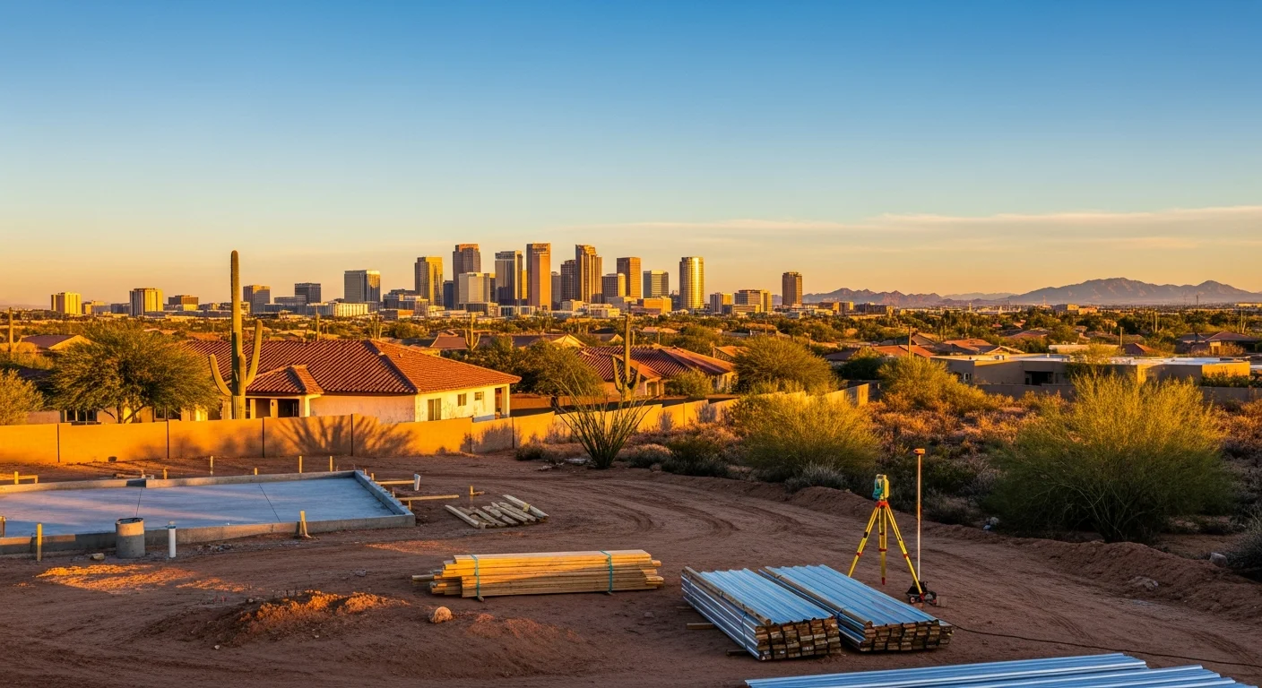 Wide view of Phoenix skyline at sunset with desert mountains in the background and residential neighborhoods in the foreground.