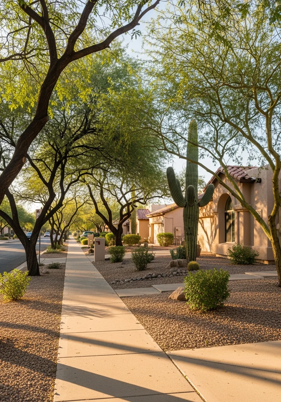 Close-up of a Tempe residential property with mature trees and established neighborhood character.