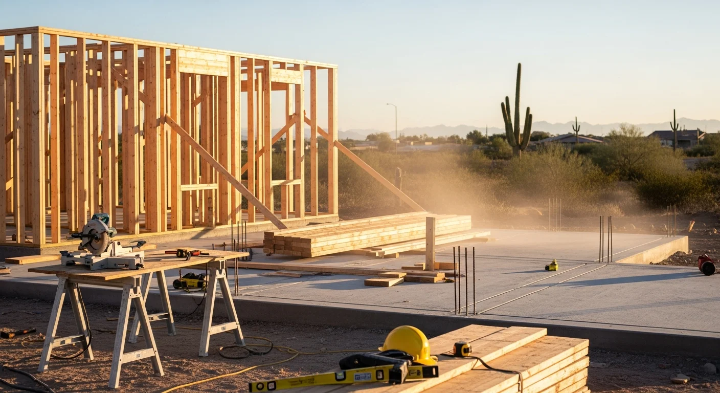 A newly installed custom dwelling unit on a residential Phoenix property, showing a finished exterior structure with clean lines suited to the desert landscape. The unit sits on a concrete foundation with a clear separation from the main home, set against a bright Arizona sky.