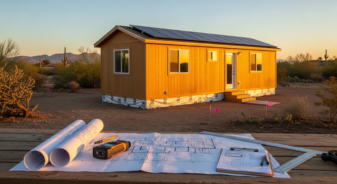 A finished portable dwelling unit positioned on a Phoenix residential lot, showing a compact structure with a covered entry and desert-adapted exterior finish. The surrounding landscape reflects the dry, sun-exposed conditions typical of Phoenix properties.