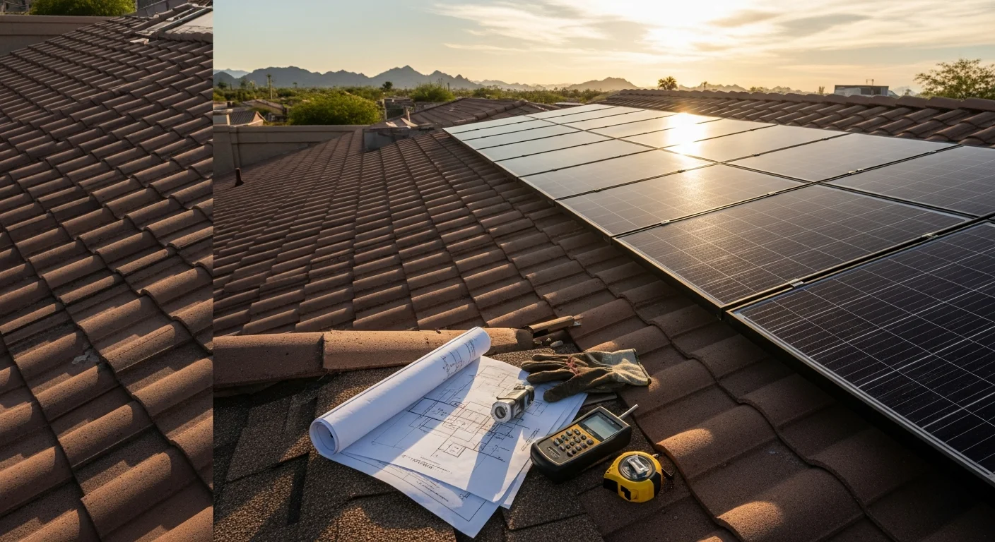 Residential rooftop solar panels installed on a single-family home in Phoenix, Arizona, with clear blue sky and desert landscaping visible in the foreground. The panels are flush-mounted on a south-facing roof slope typical of Phoenix-area residential construction.