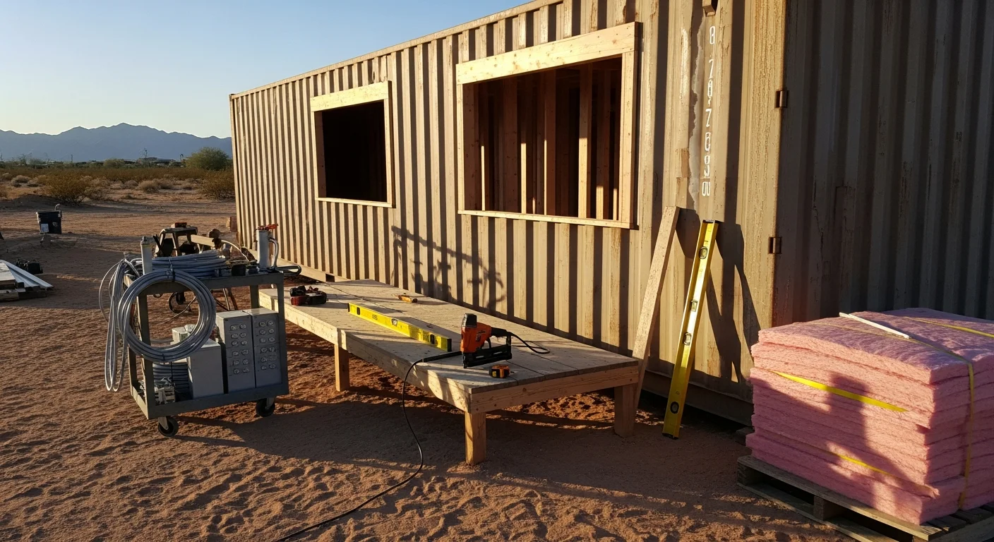 A converted shipping container structure with framed windows and a finished exterior sitting on a residential lot in Phoenix, Arizona. The build shows insulated wall panels and a clean roofline suited for the desert climate.