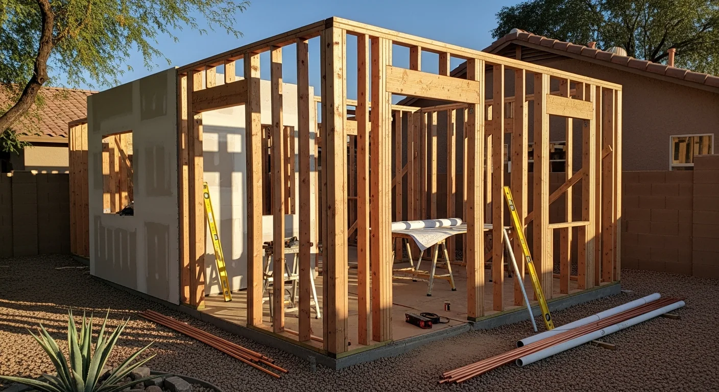 A newly completed small detached dwelling unit in a Phoenix backyard, showing a finished exterior with a covered entry and desert-adapted landscaping. The compact structure sits on a concrete foundation alongside the primary single-family home on a residential lot.