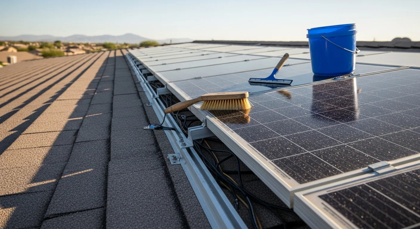 A solar technician inspecting rooftop solar panels on a Phoenix residential home, with visible panel surfaces being cleaned of desert dust and debris. The image shows the array mounted on a sun-bleached tile roof typical of Phoenix neighborhoods.