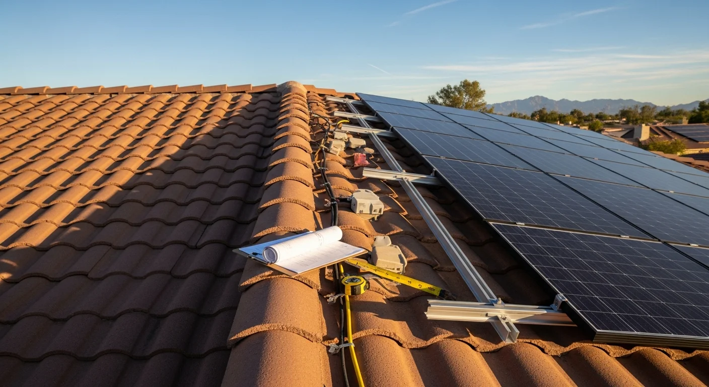 Rooftop solar panels installed on a single-story Phoenix home under a clear blue desert sky. The panels are mounted flush to a south-facing roof slope with a dry desert landscape visible in the background.