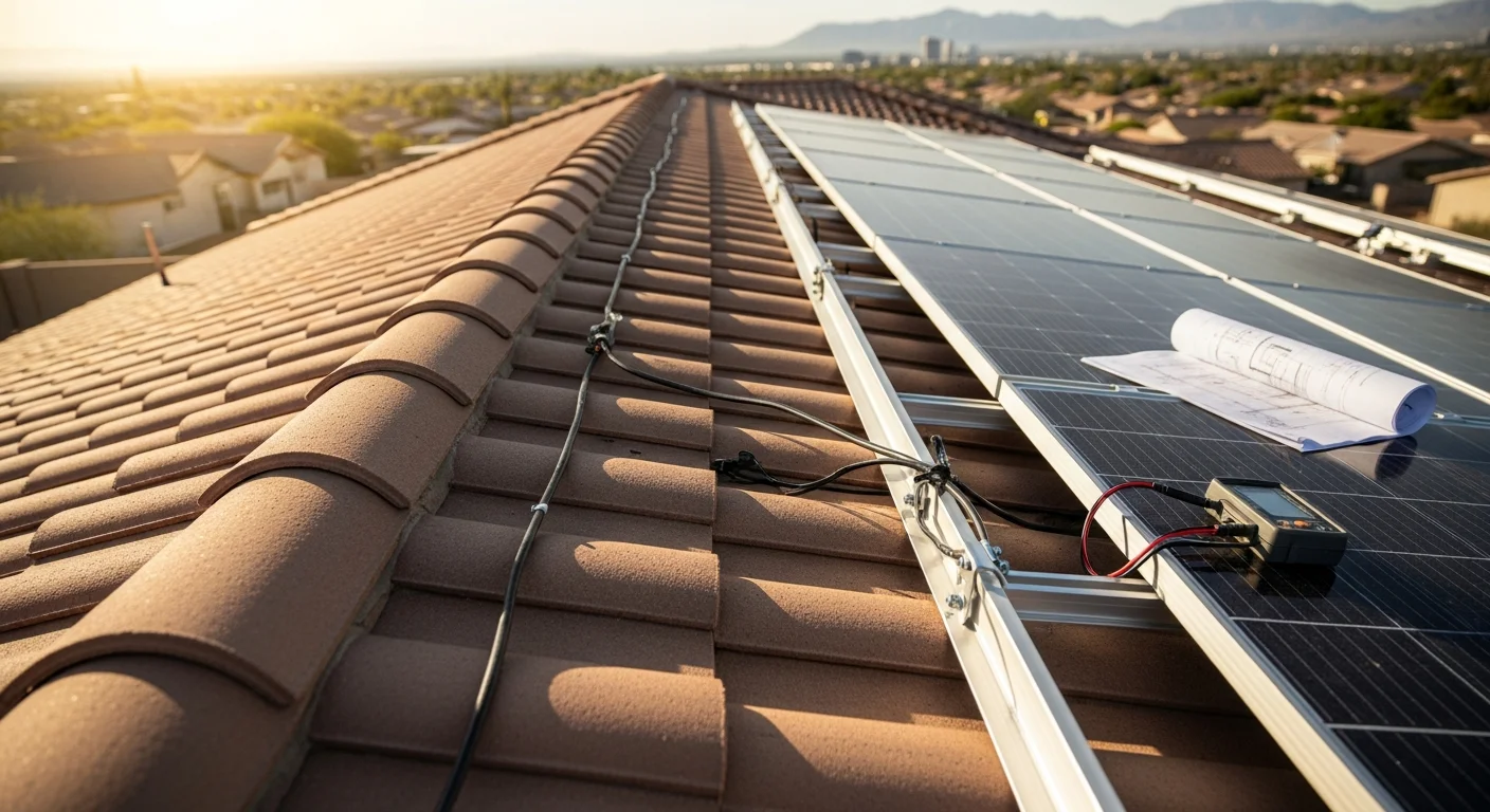 Rooftop solar panels mounted on a single-family home in Phoenix, Arizona, with clear blue desert sky overhead. Panels are angled toward the sun on a tile roof typical of the Phoenix metro area.