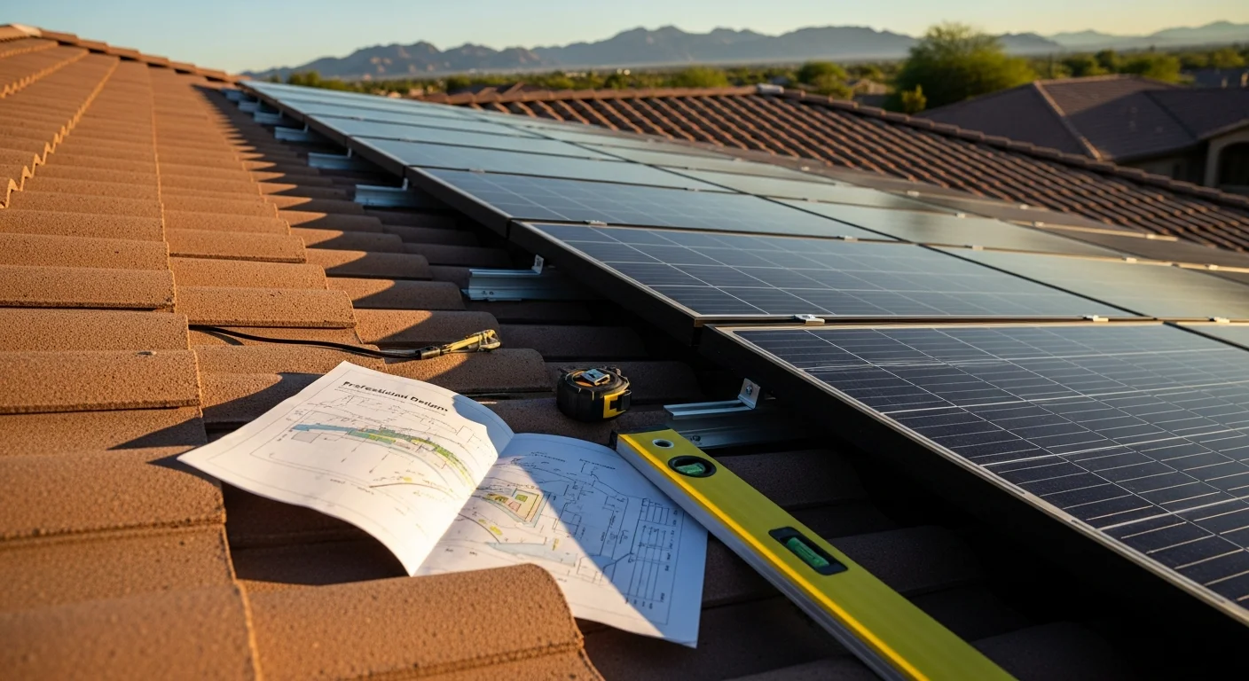 A Phoenix residential rooftop with a completed solar panel layout designed by Ice Chest Dwellings, showing flush-mounted panels on a tile roof under clear desert sky. The panel arrangement reflects a south-facing orientation optimized for Phoenix sun exposure.